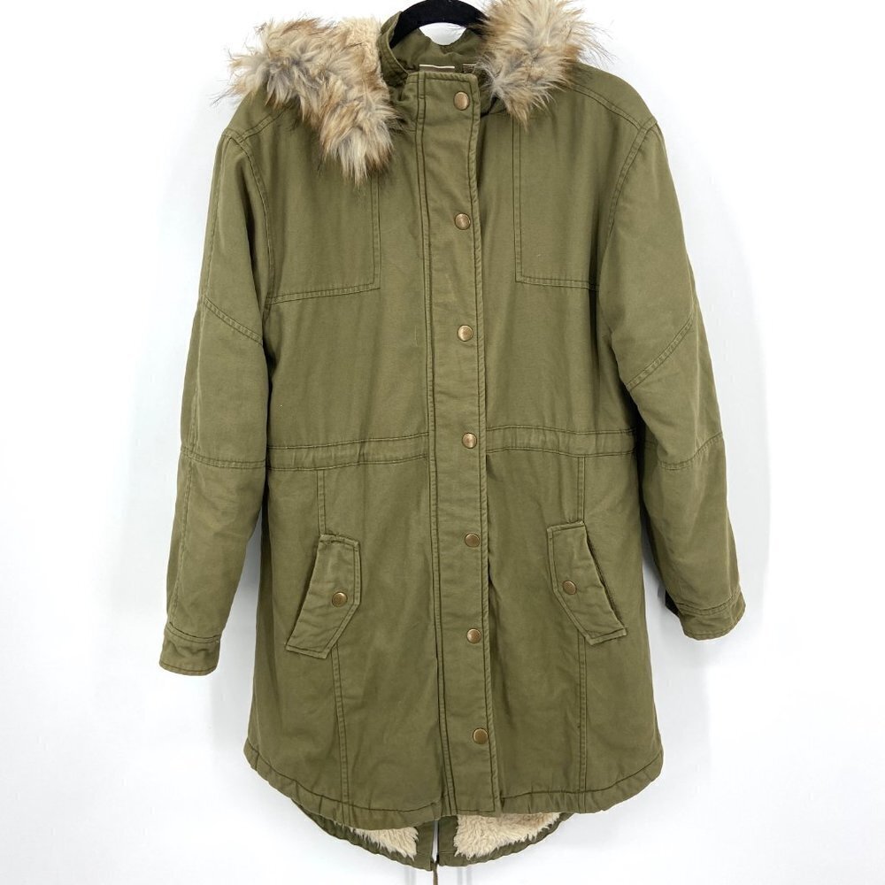 BP Army Green Sherpa Lined Full Zip Long Line Faux Fur Hood Thick Jacket Size XS